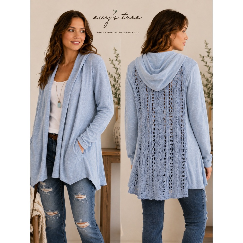 Evys Tree Light Blue Open Front Cardigan Crochet Lace Back Hooded Sweater L